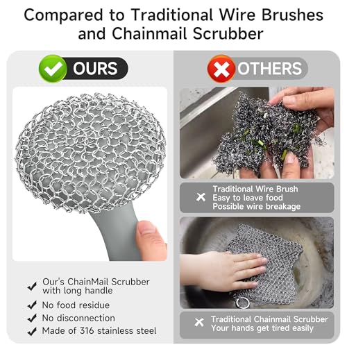 SUBEKYU Cast Iron Scrubber with Silicone Handle, Stainless Steel Skillet Cleaner for Cast Iron Pans (Gray Scrubber + Scraper) - color: Gray Scrubber + Scraper