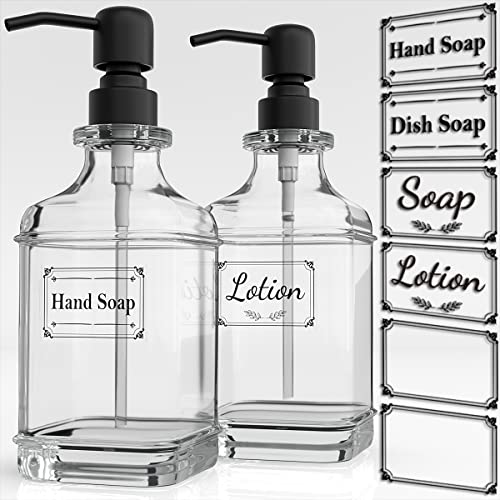 GLADPURE 2 Pack Soap Dispenser, 18 Oz Antique Design Thick Glass Hand Dispensers; with 304 Rust Proof Stainless Steel Pump, 6Pcs Clear Stickers, for Kitchen, Bathroom- Black - color: Black
