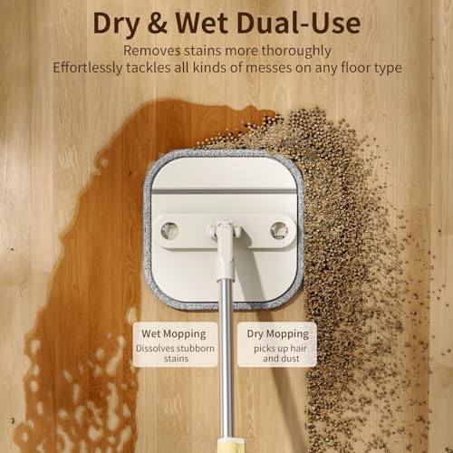 Mrbin Spin Mop for Floor Cleaning and Bucket Set, 2 in 1 Quick Dry Wet Flat Swivel Trapeador Hands Free with Washable Microfiber Pads, Refillable Tank for Hardwood, Laminate, Tile, Vinyl, Cream White