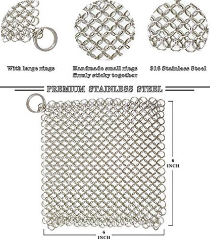 Cast Iron Cleaner - 6 Inch Stainless Steel Chain mail Scrubber for Cast Iron Pans Cleaner Chainmail Scrubber for Skillet, Wok, Pot, Dutch Ovens