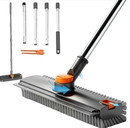 4-in-1 Floor Scrub Brush with Squeegee, Adjustable Long Handle 28 to 52 Inches, 90° Rotating Head, Stiff Bristles, for Tile, Concrete, Shower, Deck, Grey