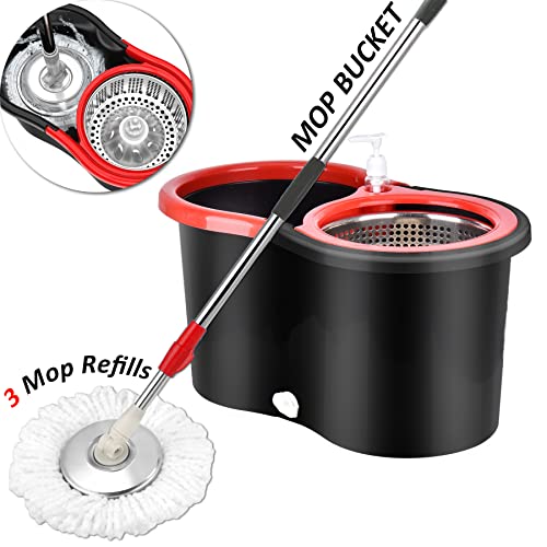 Mop and Bucket with Wringer Set, 360 Spin Mop and Bucket with 3 Replacement Heads, Stainless Steel Mop Bucket 61 Inch Adjustable Handle for Floor Cleaning - color: Black