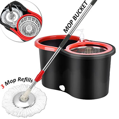 Mop and Bucket with Wringer Set, 360 Spin Mop and Bucket with 3 Replacement Heads, Stainless Steel Mop Bucket 61 Inch Adjustable Handle for Floor Cleaning - color: Black