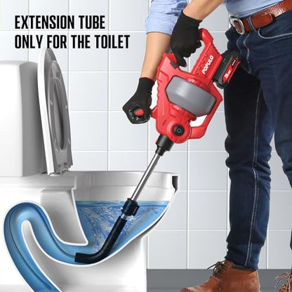 POPULO 20V Cordless Electric Drain Snake, 25Ft Replaceable Cable with 2.0Ah Battery, Extension Tube & Charger, Snake Drain Clog Remover Tool for Toilet, Floor Drain, Sink and Shower 3/4"-2" Pipe - style: 25ft Toilet - Red