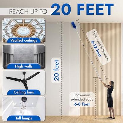 Ceiling Fan Duster Cobweb Duster, Extendable Reach 20 feet, | 3-Stage Aluminum Telescoping Pole | Extends for High Ceiling Duster | Long Handle Plus 2 Duster Heads