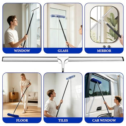 Shower Squeegee for Glass Doors, 2-in-1 Professional Window Cleaner Tool with Extension Pole, 14" Wide Window Washing Equipment for High Outside Glass, Solar Panels, Shower & Car Windshield