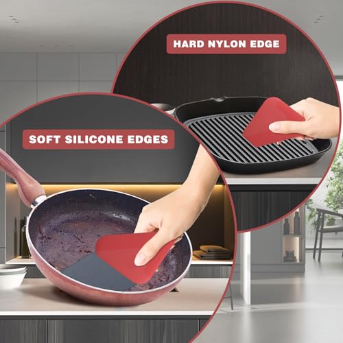 Food Scraper, 2-in-1 Pot and Pan Dish Scraper, Nylon and Silicone, Kitchen Scraper Tools for Cast Iron Skillets, Cookware, Dishes, Pans and Pots, Heat Resistant, Set of 3 - Red - color: Red