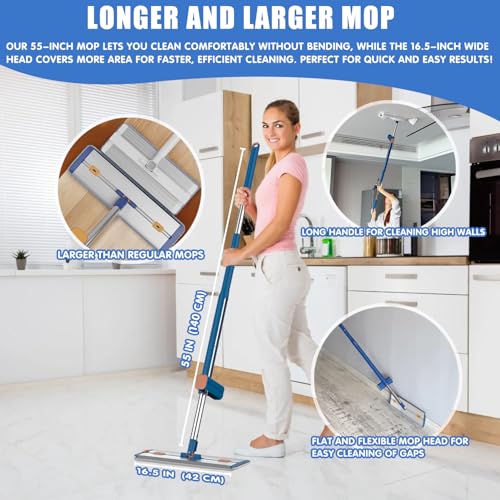 16.5" Self Wringing Flat Mop with Collapsible Bucket, Wet Dry Floor Cleaner System with 55" Long Handle, Foldable Bucket & 5 Microfiber Pads for Hardwood, Tile and Wall - size: New Mop & 5 microfiber mop pads & Folding bucket