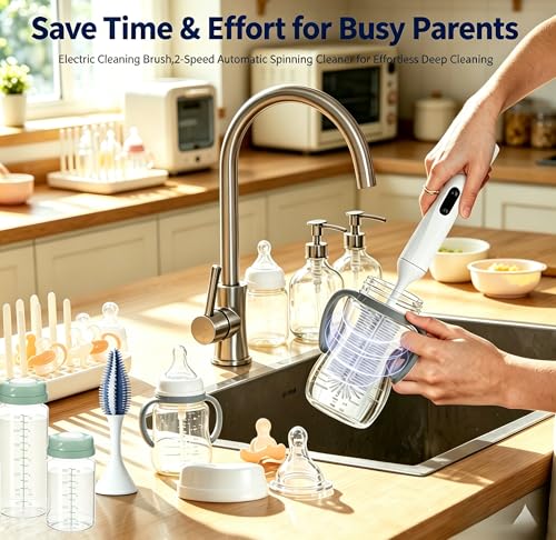 Rechargeable Electric Bottle Brush with 2 Speeds Powerful Automatic Bottle Cleaner,BPA-Free Silicone Spinning Design, Wall Mount & Straw Cleaner,Suitable for Baby Bottles & Kitchen (White+Purple) - color: White+purple