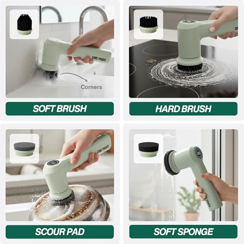 SonicPower Electric Spin Scrubber – Handheld & Ergonomic, IPX7 Waterproof, 4 Multi-Purpose Brush Heads, Long-Lasting Rechargeable Battery – Cleans Dishes, Bathroom, Tile, Grout & Kitchen (Sage) - color: Sage