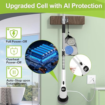 WKY-Electric Spin Scrubber - 10-in-1 Cordless Shower Scrubber & Cleaning Brush with Extendable Handle, 42 in-lbs Ultra High Torque, 2 Speeds, IPX7, LED Display, Smart AI Chip, for Bathroom, Kitchen