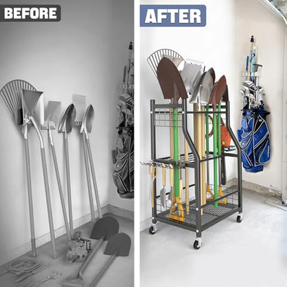 WALMANN Garden Tool Organizer with Wheels for Garage, Rakes/Shovels/Yard Tools Storage Stand for Garden, Shed, Indoor/Outdoor Long-Handled Tools Rolling Cart - style: Medium-stand
