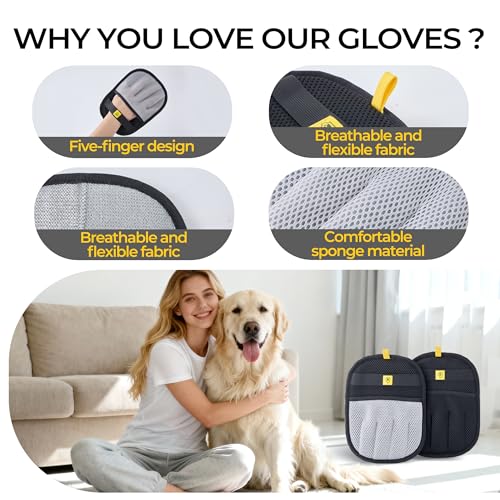 2Pcs Pet Hair Removal Glove – Reusable 5-Finger Electrostatic Fur Remover for Cats & Dogs – Washable Multi-Surface Cleaning Glove (2Pcs_Black & Gray) - color: 2Pcs_Black & Gray
