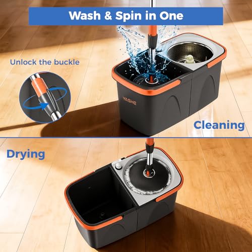 Spin Mop and Bucket Set with Wringer, Stackable Floor Mop System | Hands-Free Wringing, Stackable Storage Bucket, 360° Spin Mop Head, Washable Mop Heads