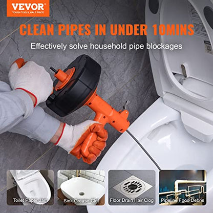 VEVOR Drain Auger 25Ft, Plumbing Snake Auto Feed, Plumbers Snake with Drill Attachment, Pipe Snake Drain Clog Remover for Kitchen Bathroom Shower Sink with Protective Hose and Gloves - style: Auto-Feed