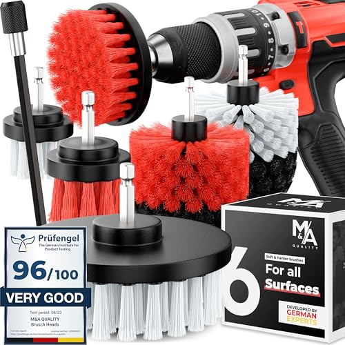 Drill Brush Attachments for Cleaning [Set of 6] Universally Cleans Cars, Rims, Upholstery, Tiles, and More I Brush Drill Attachment for Cleaning I Drill Brush for Car Detailing (Red-White-Black) - color: Red-white-black