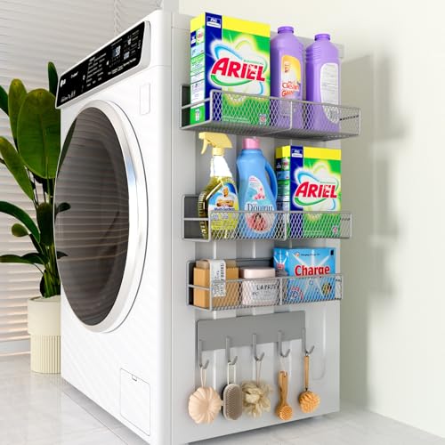 4 Pack Magnetic Shelves for Washing Machine, Heavy-Duty Magnetic Laundry Organizer with Hooks, Washing Machine Shelf for Refrigerator, Metal Storage Baskets, Closet & Laundry Room Organization (Grey) - color: Grey, size: 4 Pack (11.3"-12.4")