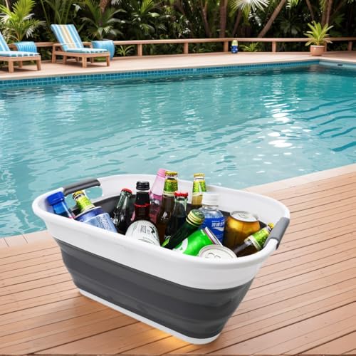 SAMMART 17.5L (4.6 Gallon) Small Collapsible/Foldable/Pop Up/Portable Washing Tub/Storage Basket, Water Capacity 13.5L/3.5 Gallon (1, White/Grey) - color: White/Grey