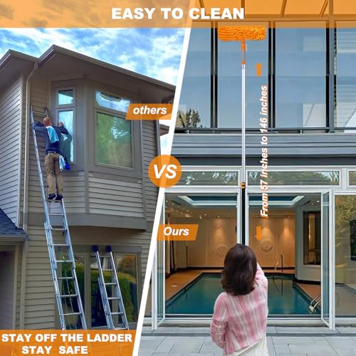 20 Ft+ Reach 2 In 1 Window Squeegee Duster with 5-to-12 Foot Extension Pole, Cleaner Tool with 3-Stage Telescoping Pole, Cleaning Kit with Rotatable Head - Chenille Cloth + Microfibre Cloths Head