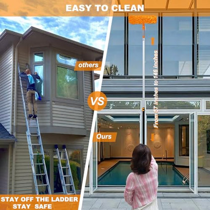 20 Ft+ Reach 2 In 1 Window Squeegee Duster with 5-to-12 Foot Extension Pole, Cleaner Tool with 3-Stage Telescoping Pole, Cleaning Kit with Rotatable Head - Chenille Cloth + Microfibre Cloths Head