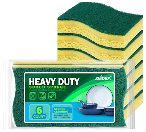 AIDEA Heavy-Duty Scrub Sponges, 6Count, Sponges for Non-Coated Cookware, Kitchen Sponge for Dishes, Scrubbing Power for Tough Messes, Cleaning Sponge for Kitchen, Bathroom, Household - color: Light-green