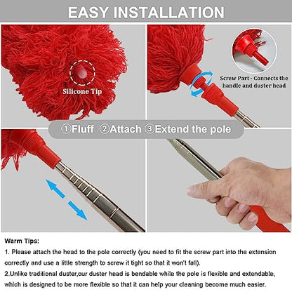 DELUX Microfiber Feather Duster Extendable Cobweb Duster with 100 inches Extra Long Pole, Bendable Head & Scratch-Resistant Hat for Cleaning Ceiling Fan, High Ceiling, Blinds, Furniture & Cars Red - color: Red