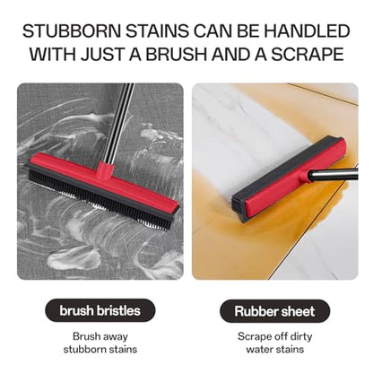 Rubber Broom with Hair Removal Gloves for Carpet Pet Hair Remover,50 inch Long Handled Fur Remover Rake,Portable Detailing Lint Brush,Pet Removal Fluff Carpet, Hardwood Floor and Tile,Red