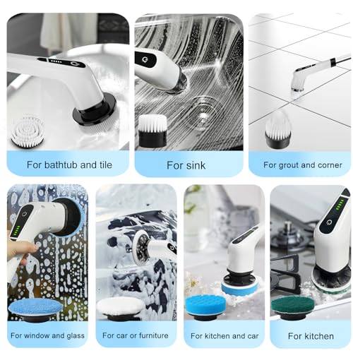 Electric Spin Scrubber for Cleaning Bathroom: Granvell Shower Cleaner Brush with 7 Replaceable Heads & Long Handle, Cordless Power Scrub Tools for Bath Tub Floor Tile