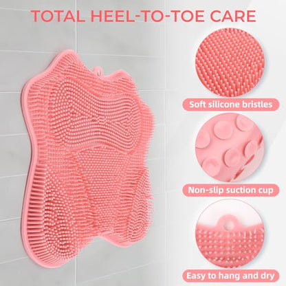 Silicone Foot Scrubber Mat for Shower Bath Foot and Back, Shower Feet Brush Pad with Wall-Mounted Suction Cups (Pink) - color: Pink