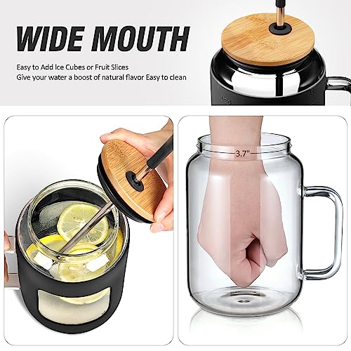 WINSA 50 oz Glass Water Bottles with Silicone Sleeve,Glass Tumbler with Lid and Straw,Iced Coffee Cup with Handle,BPA Free-Black - color: Black