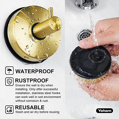 YOHOM Suction Cup Hooks for Shower Towel Holder Stainless Steel Vacuum Bathroom Shower Hook Suction Washcloth Hanger Kitchen Towel Rack for Robe Loofah Wreath Glass Door Window Wall Brushed Gold 2Pcs - color: 2 Gold