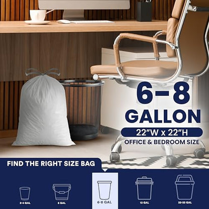 Plasticplace 8 Gallon Trash Bags -White Drawstring Garbage Can Liners - 200 Count - Leak-Resistant and Tear-Proof for Kitchen, Bathroom, Office, and Small Trash Cans 0.7 Mil - size: 200 Count (Pack of 1)