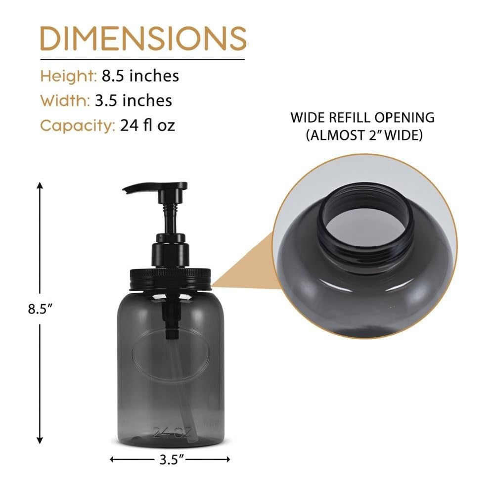 24 oz Wide Mouth Plastic Bottle Dispensers, Gray, Set of 2 | Lotion pumps, easy refills, large capacity - color: 2-gray