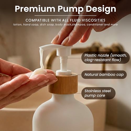 MaisoNovo Glass Hand Soap Dispenser | Dish Soap Dispenser for Kitchen | 16.9oz White Bottles with White Bamboo Pump | Bathroom Lotion Dispenser - color: Single White Bottle/White Bamboo Pump