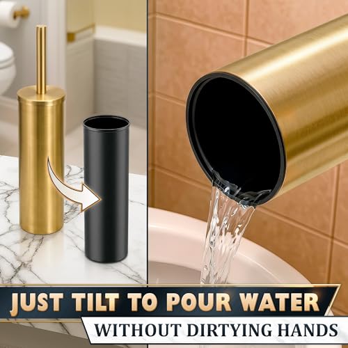Gold Toilet Brush and Holder Set - Brushed Stainless Steel Gold Toilet Bowl Brush and Holder with Replaceable Head, Removable Inner Bowl, and Splash Protection - Dense Bristles for Thorough Cleaning - color: Gold
