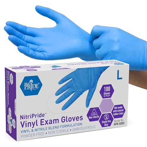 MED PRIDE Nitrile/Vinyl Blend Exam Gloves, Powder-Free, Latex-Free, Disposable, Non-Sterile, Blue, Large (Box of 100) - size: Large