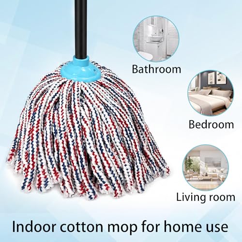 Indoor Cotton Mops for Floor Cleaning, 52" Long Handle Cotton Mop, Cleaning Mops for Tiles and Hardwood Floor, Household Mop for Kitchen, Bathroom, Garage, Tile & Hardwood Floors（Red Blue White）