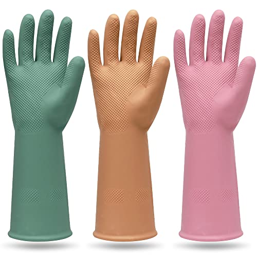 MAMISON 3 Pairs Colorful Reusable Waterproof Household Dishwashing Cleaning Rubber Gloves, Non-Slip Kitchen Glove - size: Large