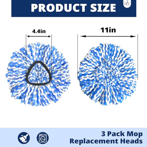Spin Mop Replacement Head Compatible with RinseClean 2-Tank System, 3 Pack Machine Washable Mop Refills, Removes Dust, Hair & Kitchen Dirt