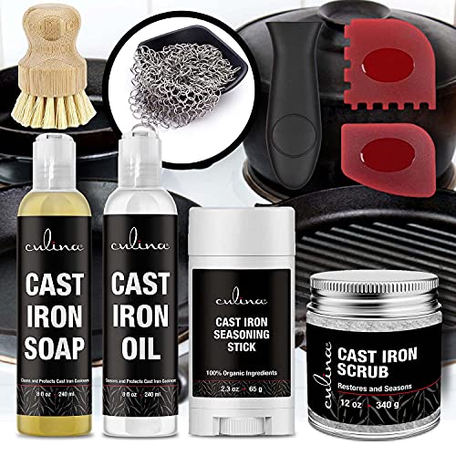 Culina Cast Iron Soap stick Conditioning Oil Stainless Scrubber Restoring Scrub brush handle and scrapers |All Natural Ingredients |for Cast Iron Cookware with handle and scrappers colors may vary