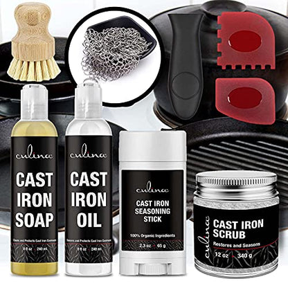 Culina Cast Iron Soap stick Conditioning Oil Stainless Scrubber Restoring Scrub brush handle and scrapers |All Natural Ingredients |for Cast Iron Cookware with handle and scrappers colors may vary
