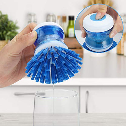Dish Brush with Soap Dispenser, Stiff Bristles Dish Scrubber for Pots, Pans & Sink Cleaning, 2 Pack - color: Blue 2 Pack