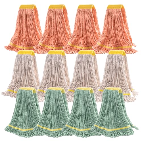 Matthew Cleaning 12Pcs 5'' Headband White&Orange&Green 24Oz Commercial String Mop Heads, Loop-End Mop Head Replacement, Heavy Duty Industrial Washable&Reusable Mop Refills for Residential& Warehouse - color: Green&white&orange, size: 12 Count (24 Ounce ea