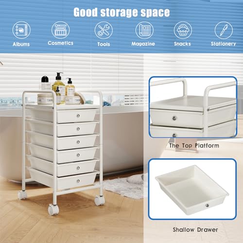 6-Tier Utility Cart with 6 Drawers, Rolling Utility Cart with 2 Lockable Caster Wheels, Multipurpose Mobile Rolling Drawer Cart for Office Bathroom Kitchen, Ivory White - size: White, 6-Tier