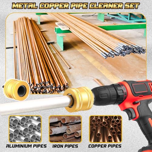 Sabary 1/2" & 3/4" & 1" Metal Copper Pipe Cleaner for Drill, with 1/4" Hex Shank & 6 Brush Blades & 6 Pipe Cleaning Brushes, Replacement Plumbing Tools for Cleaning Polishing Removing Rust