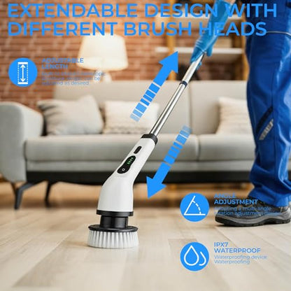 Electric Spin Scrubber Cordless for Bathroom & Floor, Extendable, 6 Heads | No bending needed. Cordless scrubber cleans bathroom, kitchen tiles & rims easily. 2 speeds, IPX7 & 6 heads.