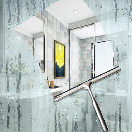 Shower Squeegee for Glass Doors Stainless Steel with Self Adhesive Hook Window Squeegee for Shower Door Bathroom Mirror Wiper, Window Glass Cleaning - size: 14 inches