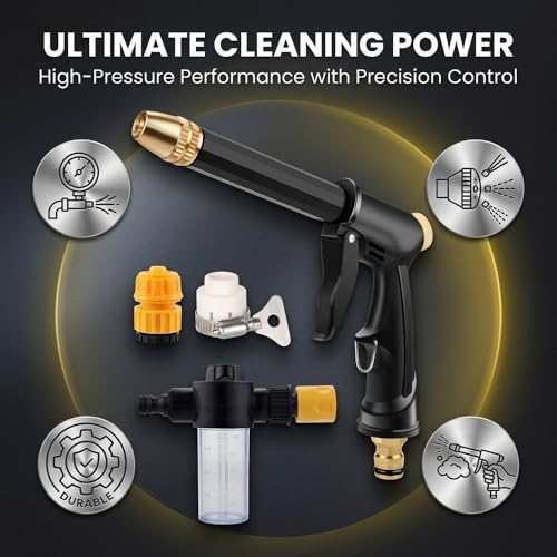 High Pressure Hose Nozzle, Adjustable Water Spray Gun with 4 Spray Modes, Metal Garden Hose Sprayer for Car Wash, Plants Watering, Patio & Outdoor Cleaning (1, Washer Gun + 3 Connectors + Foam Cannon)