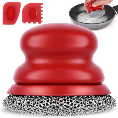 Cast Iron Scrubber and Scraper, Chain Mail Scrubber Cast Iron for Cleaning Dishes, Stock Pots, Pans, Griddles, Grills, Dish Scouring Pads - color: Red Fine Mesh