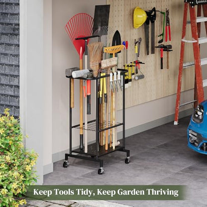 Garden Tool Organizer with Wheels, Yard Tool Rack Heavy Duty Steel Tool Organizer and Storage Holder Broom Holder for Garage, Shed, Patio, Indoor/Outdoor - style: Rack with Wheels